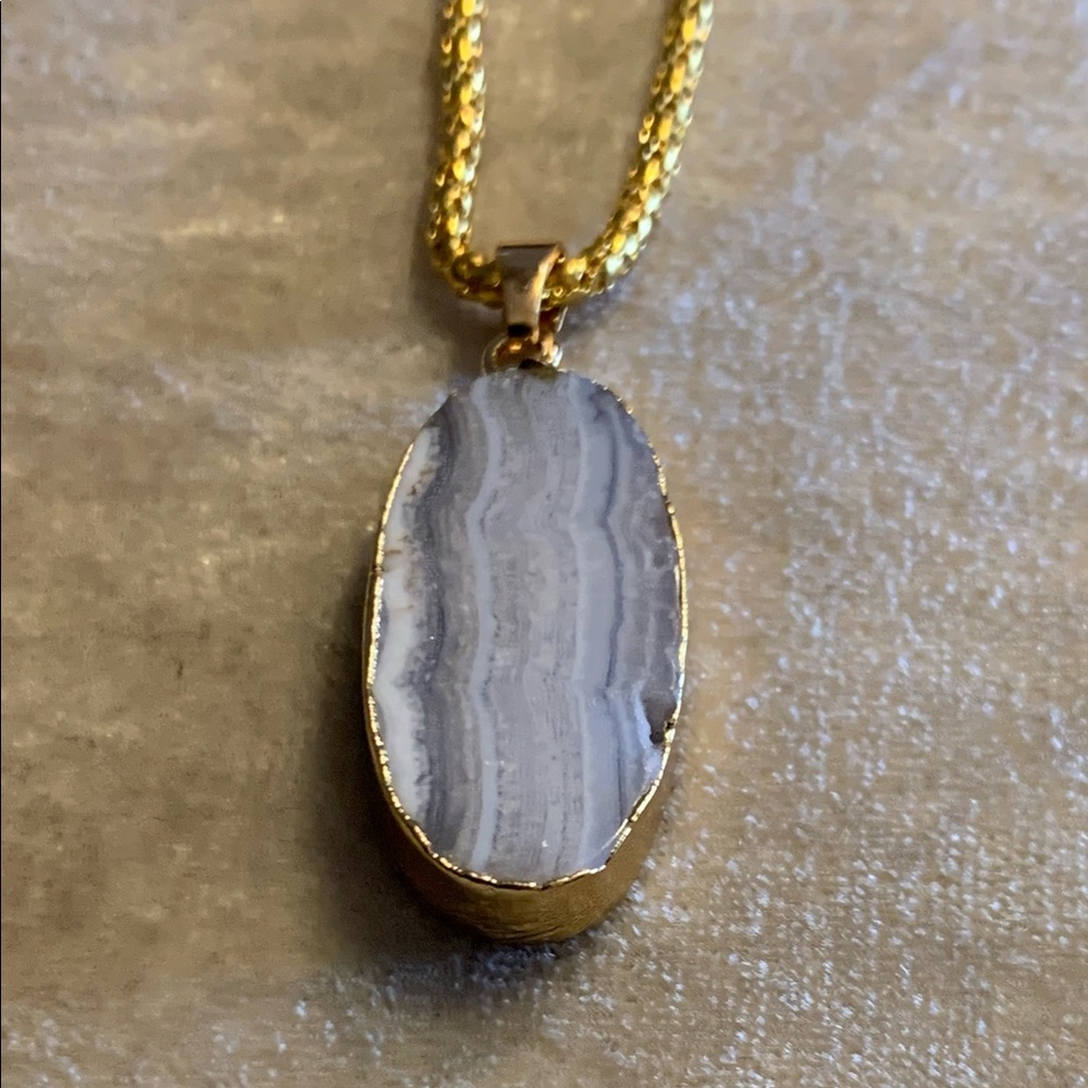 Blue Lace Chalcedony Pendant with Gold Chain Necklace NEW!